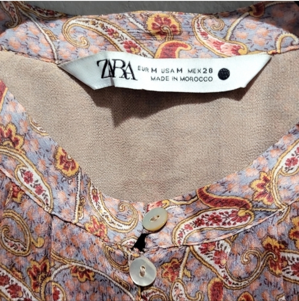 Zara Sheer Paisley Blouse Medium Boho Balloon Sleeve Button Front Top - Picture 7 of 10